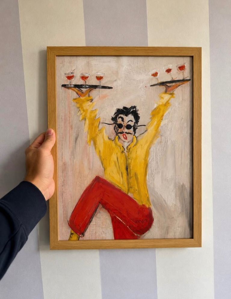 A3 Funky Waiter Wall Art Painting in Wooden Frame