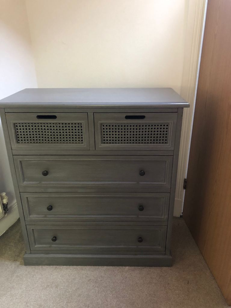 Solid Grey Chest of Drawers with Rattan Detail