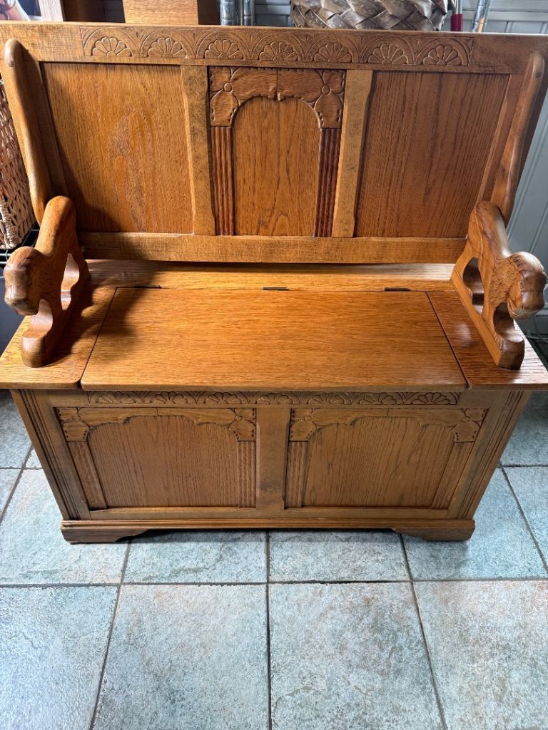 Vintage Wooden Monk's Bench with Storage – Ornate Carvings