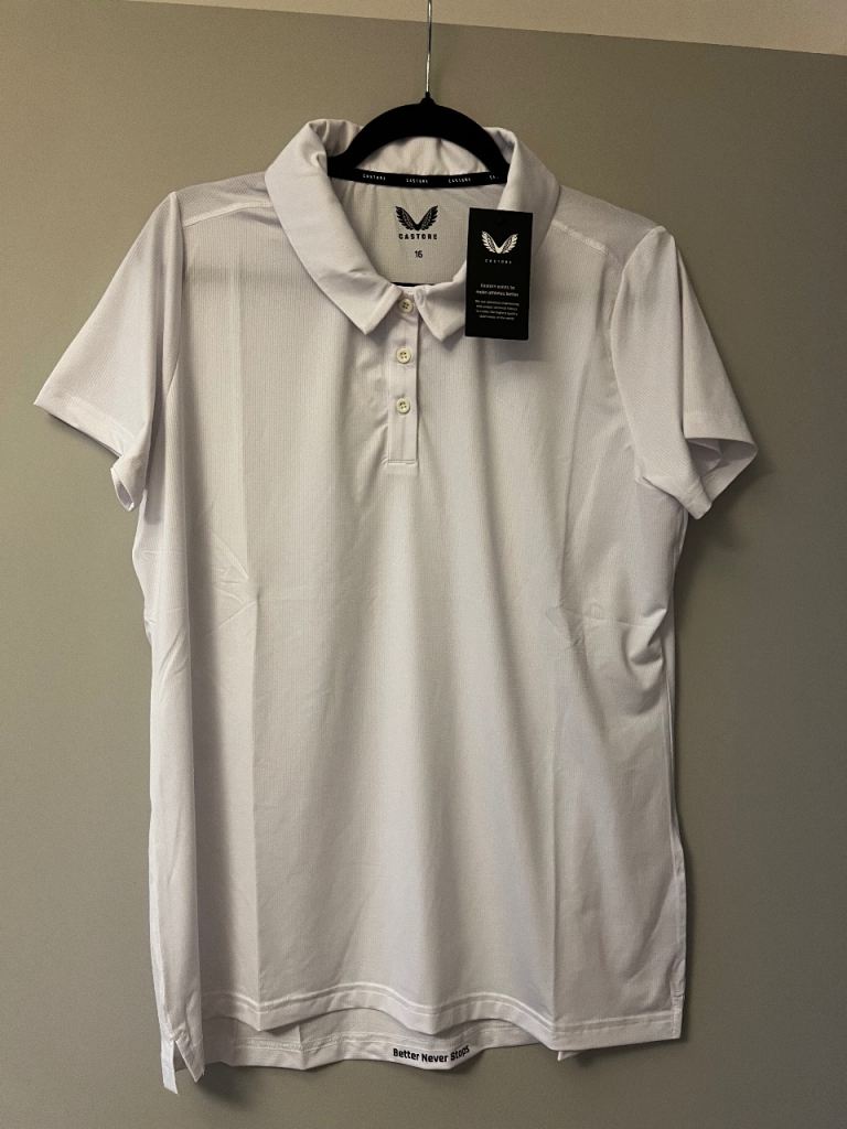 Castore Cricket Polo Tech Top - White, Size 16, NEW with Tags