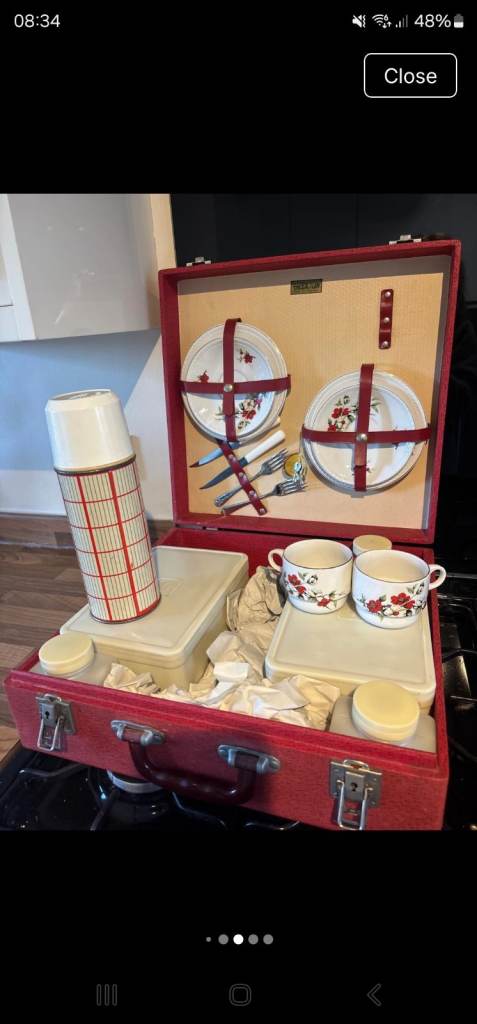 Vintage Red Picnic Hamper Set with Thermos and Cups