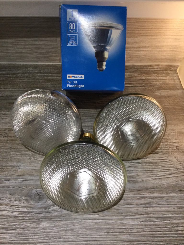 Three 80 watt screw cap floodlight bulbs, Homebase bulb new.