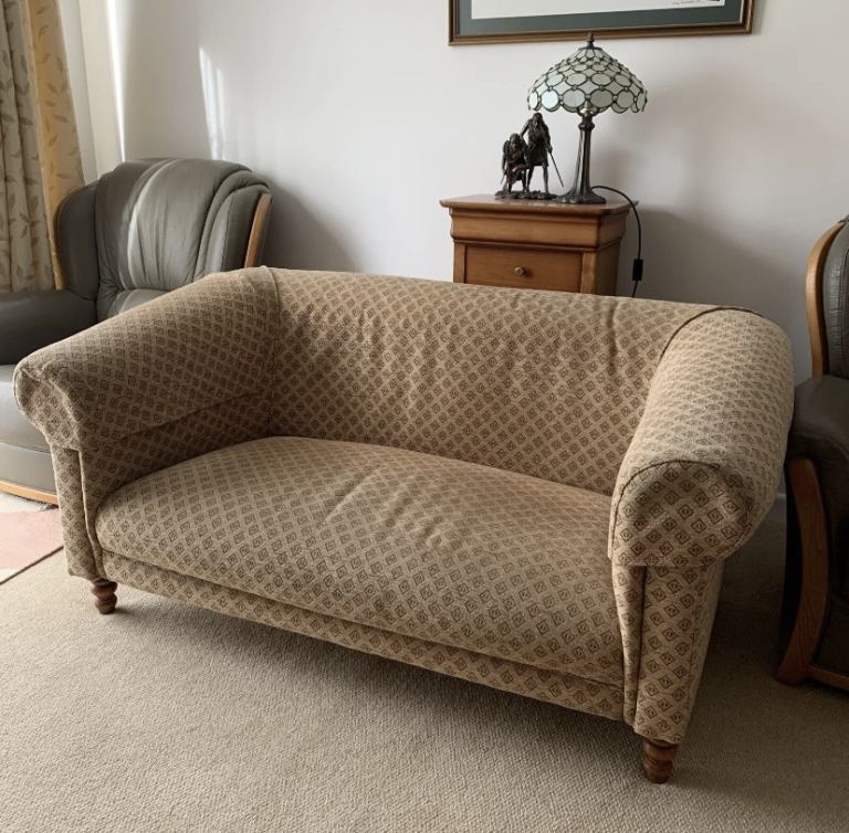 John Lewis 2 seater sofa fabric wooden feet gold/beige