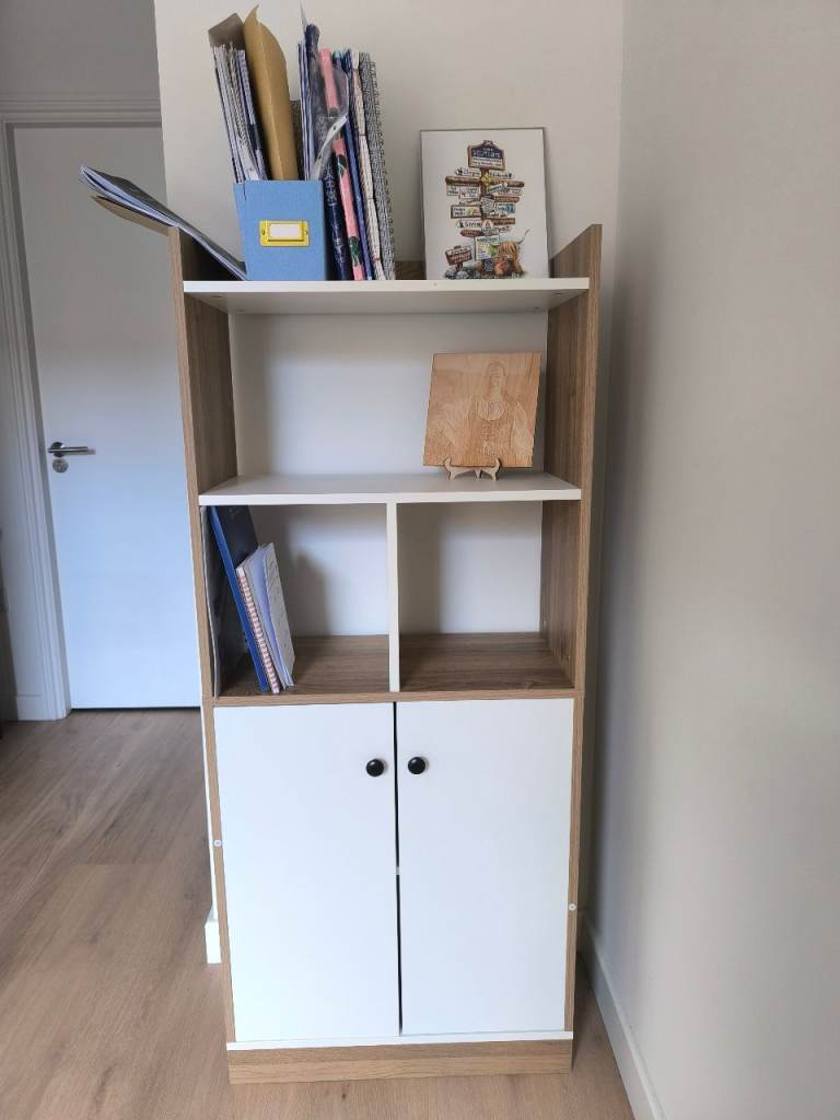 Modern White and Wood Bookshelf with Storage