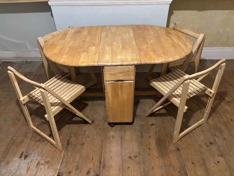 Beech Drop Leaf Dining Table with 4 Folding Chairs