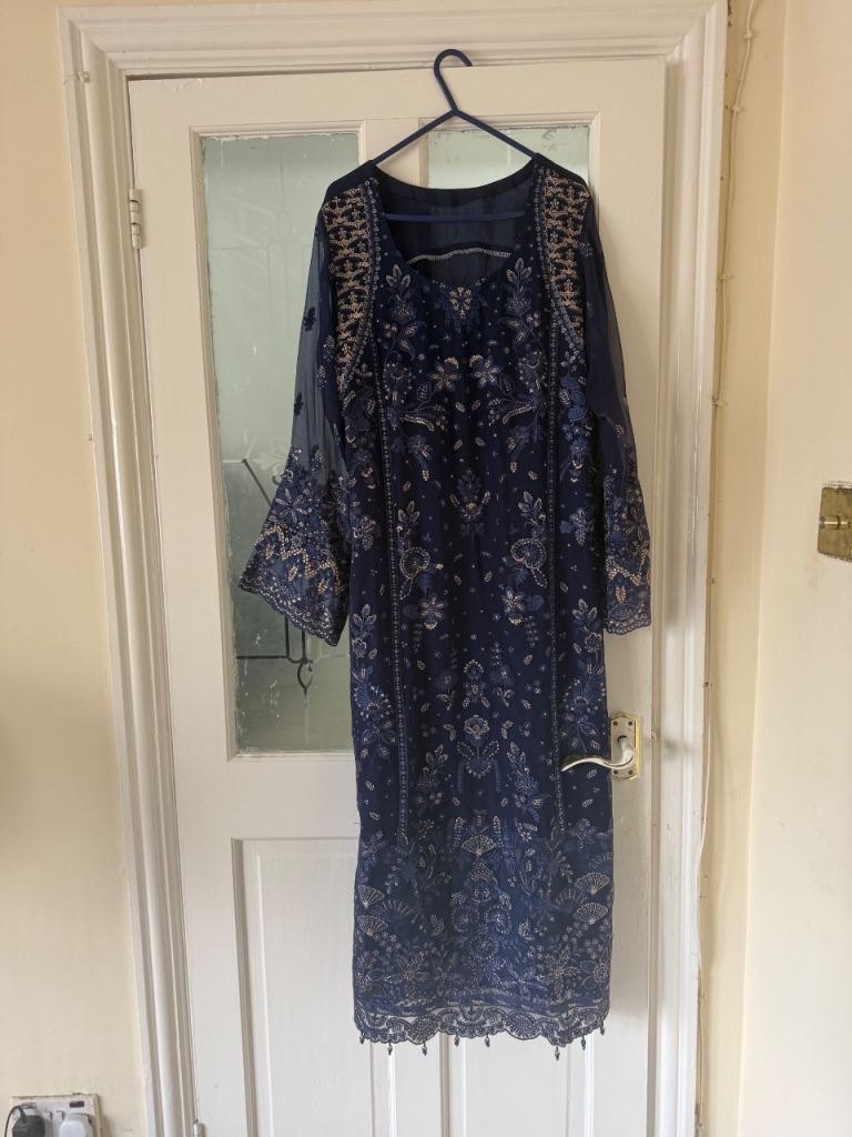 New Navy Blue Embroidered Traditional Long Dress