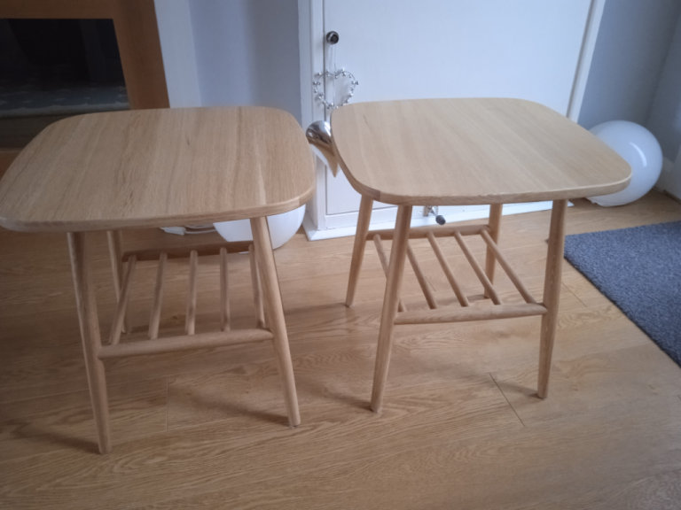 Pair of solid oak side tables and matching solid oak coffee table for sale