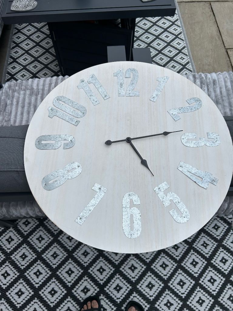 Large Round Wooden Wall Clock - White with Grey Numbers