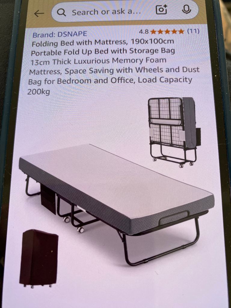 DSNAPE Folding Bed with Memory Foam Mattress, 190x100cm, New in Box