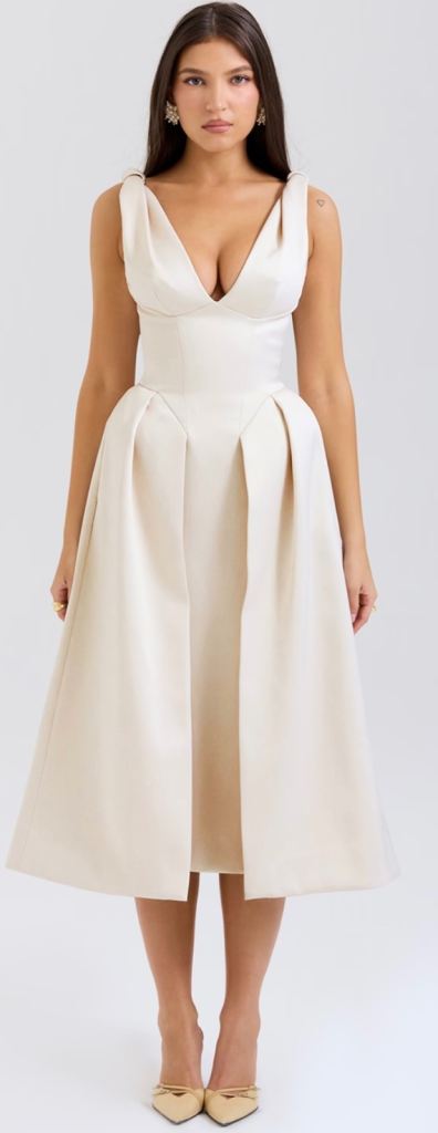Vintage Cream Satin Pleated Midi Dress 