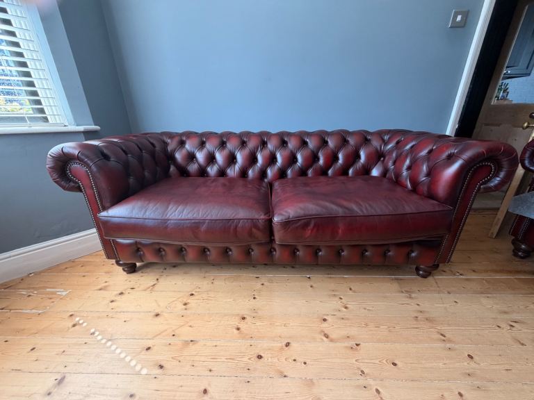 Pair of Genuine Fleming & Howland Oxblood Leather Chesterfield Sofas – Handcrafted in England