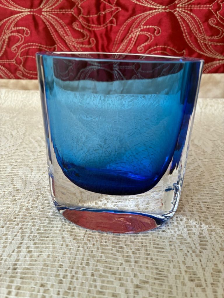 Cobalt Blue & Clear Glass Heavy Handblown Vase Engraved RMR 01 On The Base