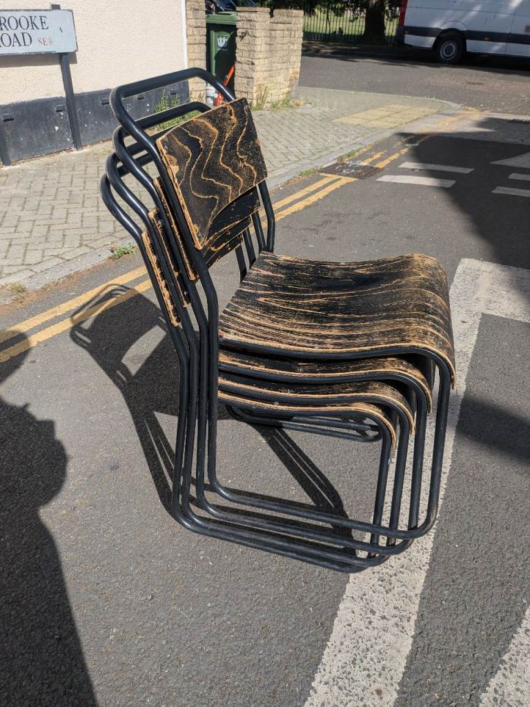Stacking Chairs Plywood x4 Black metal frame