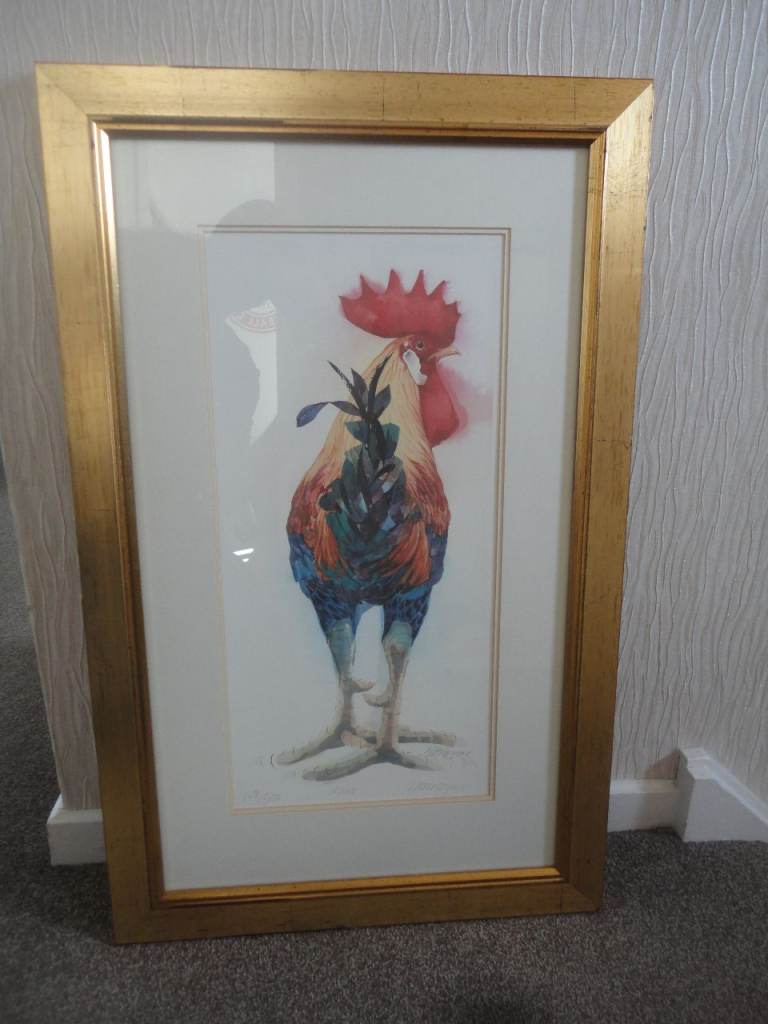 Marie Anne Rogers signed cockerel rooster limited edition framed print, Alert. 46 x 73 cms