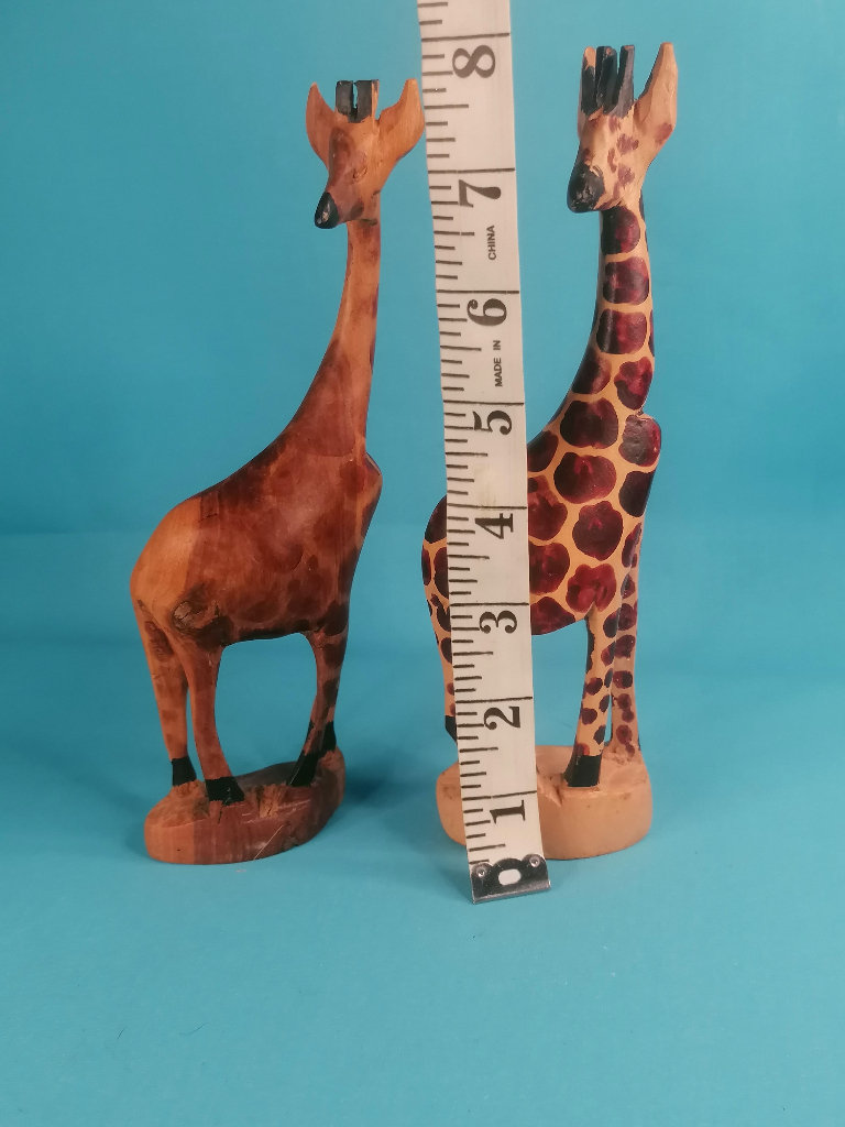 Vintage 8.inch" Tall Skinny Giraffes Hand Carved Wooden Statue Pair Home Decor. As seen.. 