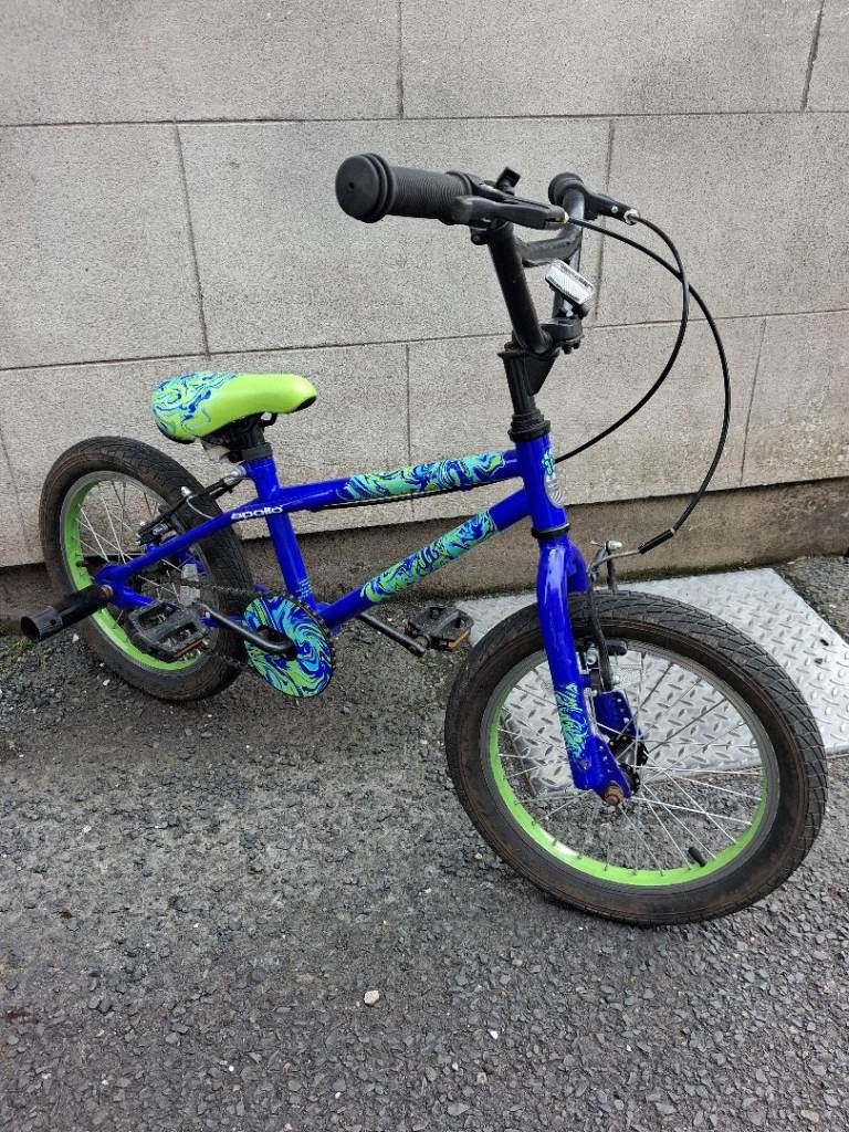 Kids blue and green bike 16 inch wheels with rear stunt pegs 