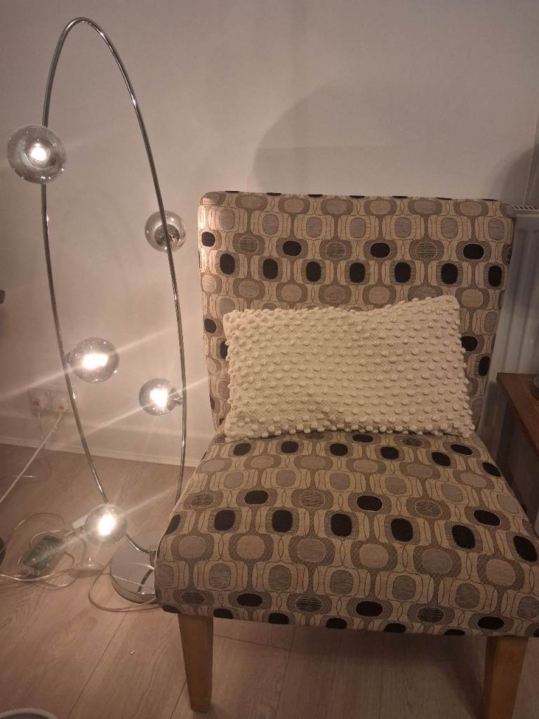 Modern Chrome Arc Floor Lamp plus geometric chair with accent cushion vgc 