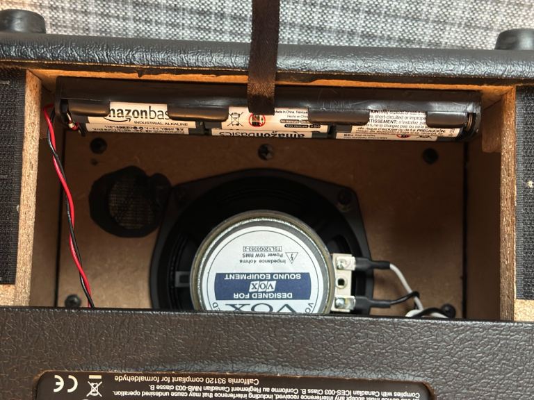 Vox modelling amp 10 watt. Runs on 6 x AA batteries. 