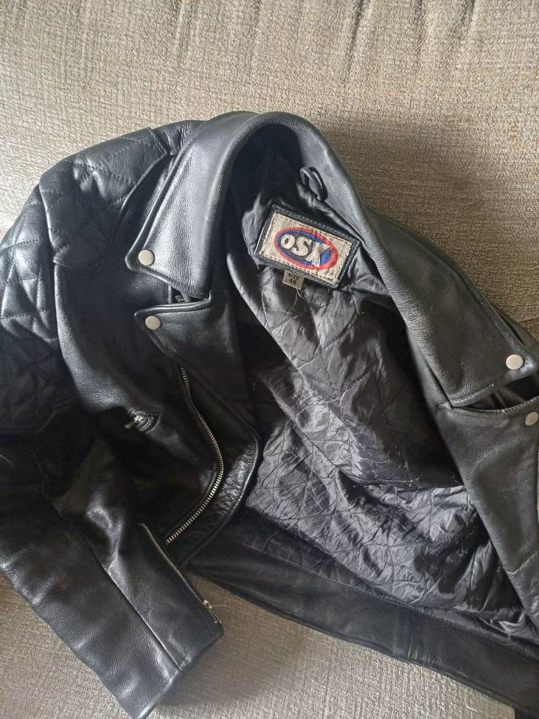 Vintage OSX Heavy Leather Biker Jacket - Padded/Quilted Detail - Size 46