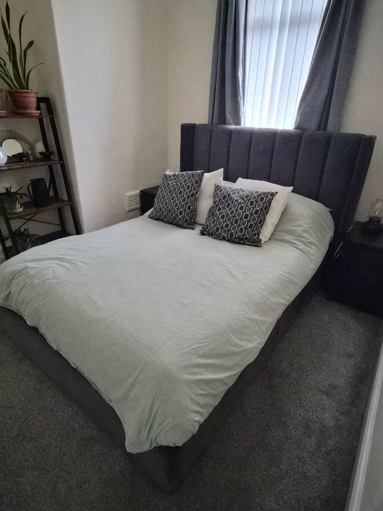 Grey Velvet Double Ottoman Bed with Storage