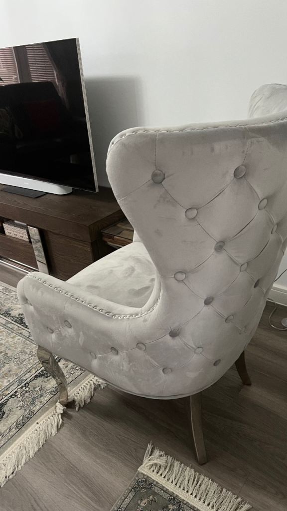 Stylish Grey Velvet Armchair with Stud Detail – Good Condition
