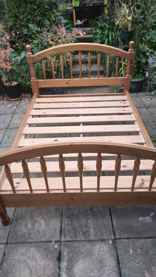 Double bed frame, no mattress, solid pine wood, good condition