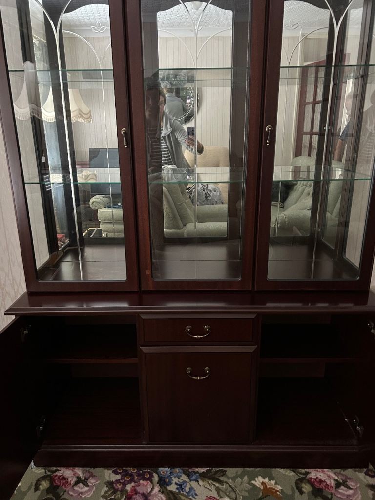 Lovely Dark Wood Display Cabinet with Glass Doors and Storage