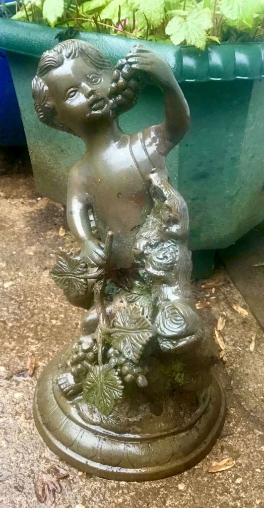 Top Quality Vintage Garden Cherub Holding Grapes, Spelter Metal Garden Ornament, Rhiwbina.