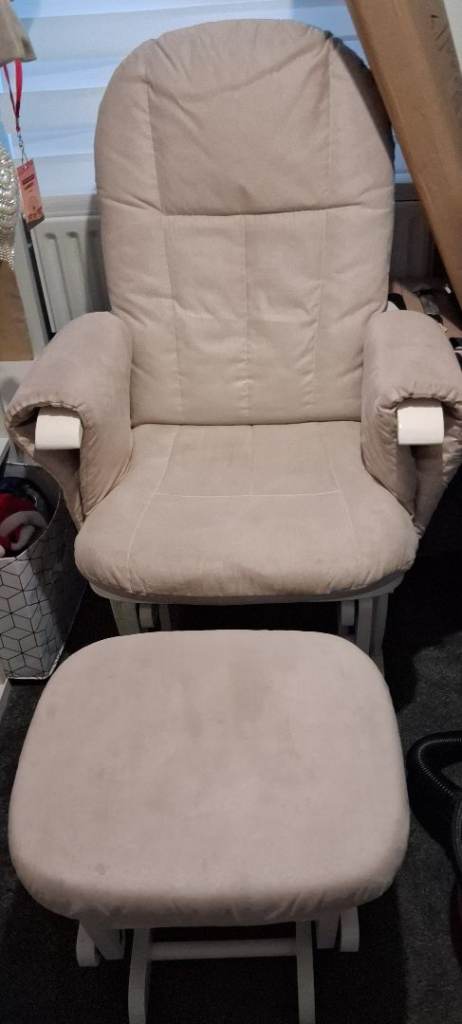 Beige Fabric Glider Rocking Chair with Matching Footstool, Good Condition