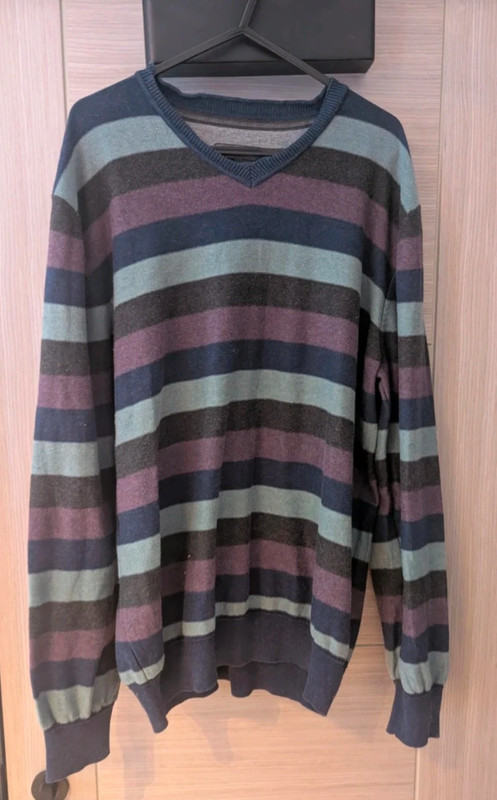 Rocha John Rocha Striped V‑Neck Sweater | Navy / Grey / Plum | Size L 00026