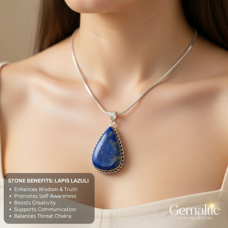 Lapis Lazuli Healing Crystal Pendant with Chain – Natural Certified Stone Necklace for Men &amp;