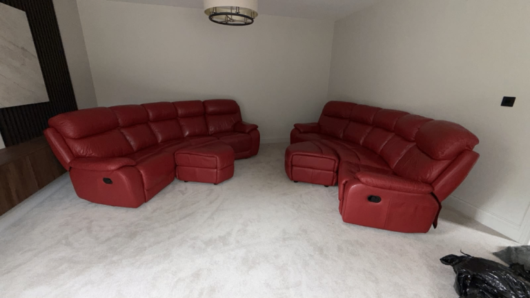 2 x Red DFS leather sofas & chair . Great condition 
