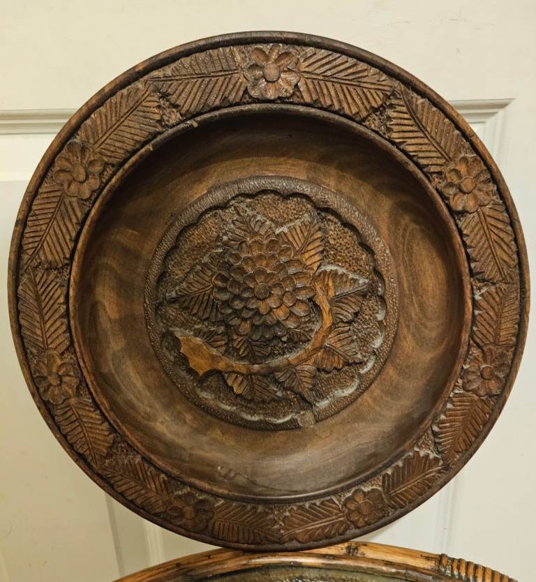 Antique German Carved Turned Wood Bowl Decorative Floral Wall Decor