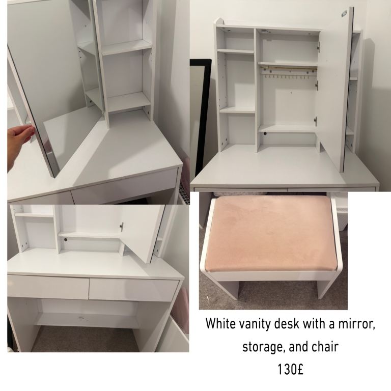 White Vanity Desk with Mirror, Storage, and Stool