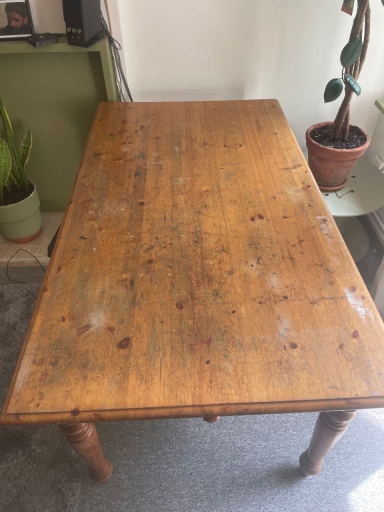 Wooden Dining Table with Drawer – Solid Pine, Fair Condition