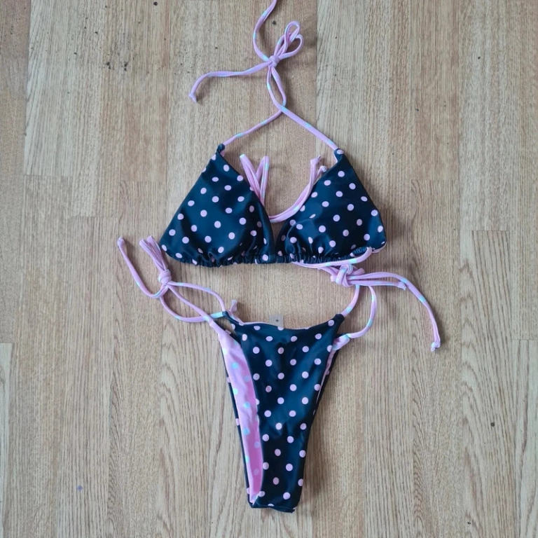 Pink Polka Dot Bikini Set Small Triangle Two Piece Swimwear Tie Side
