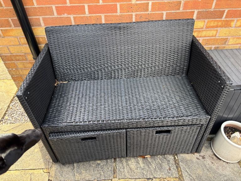 Grey Rattan Garden Bench  and Two Side Tables