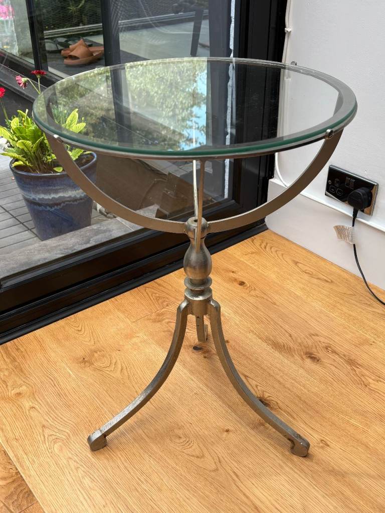 Silver Metal Side Table with clear glass top and silver metal base