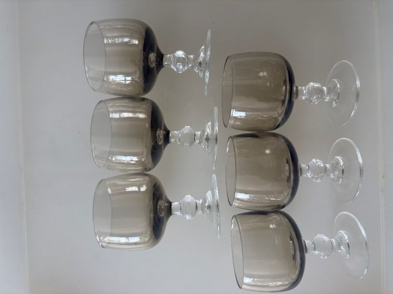 Set of 6 Vintage mid-century Grey Smokey Glass Sherry/Port Goblets 