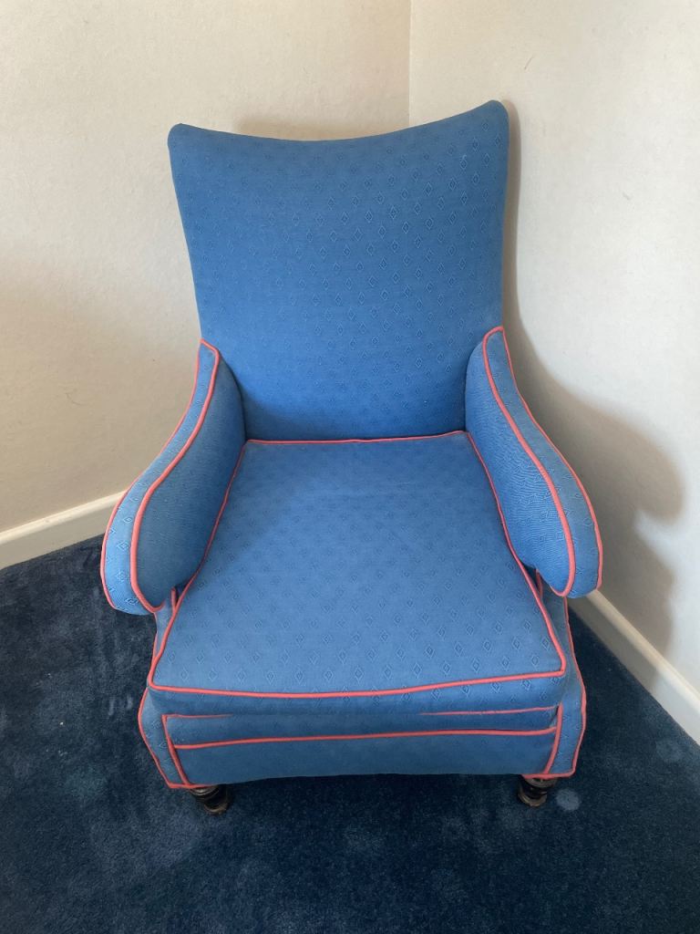 Stylish Blue Fabric Armchair with Pink Piping - Good Condition