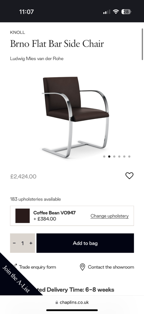 RRP £2400,was bought new and has not been used,knoll Brno Flat Bar Side/ office Chair brown leather