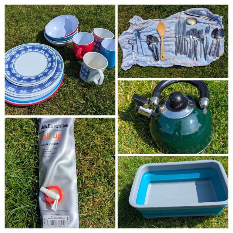 Camping gear bundle: utensils kettle washing bowl etc