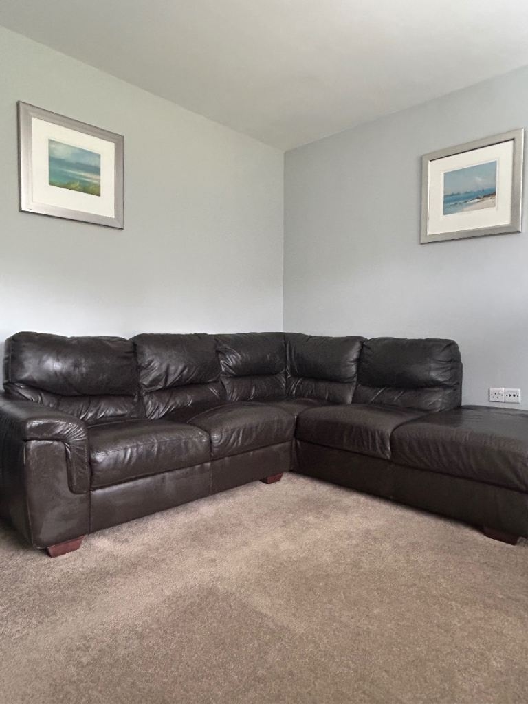 Harvey Norman Brown Leather Corner Sofa - Fair Condition