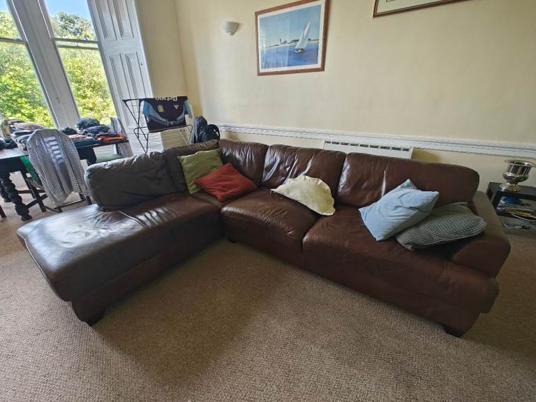 Large Brown Leather L-shaped Sofa
