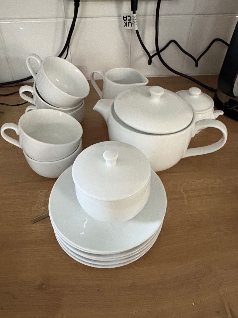 White Ceramic Tea Set with Cups, Saucers, Teapot, Milk Jug, Sugar Bowl