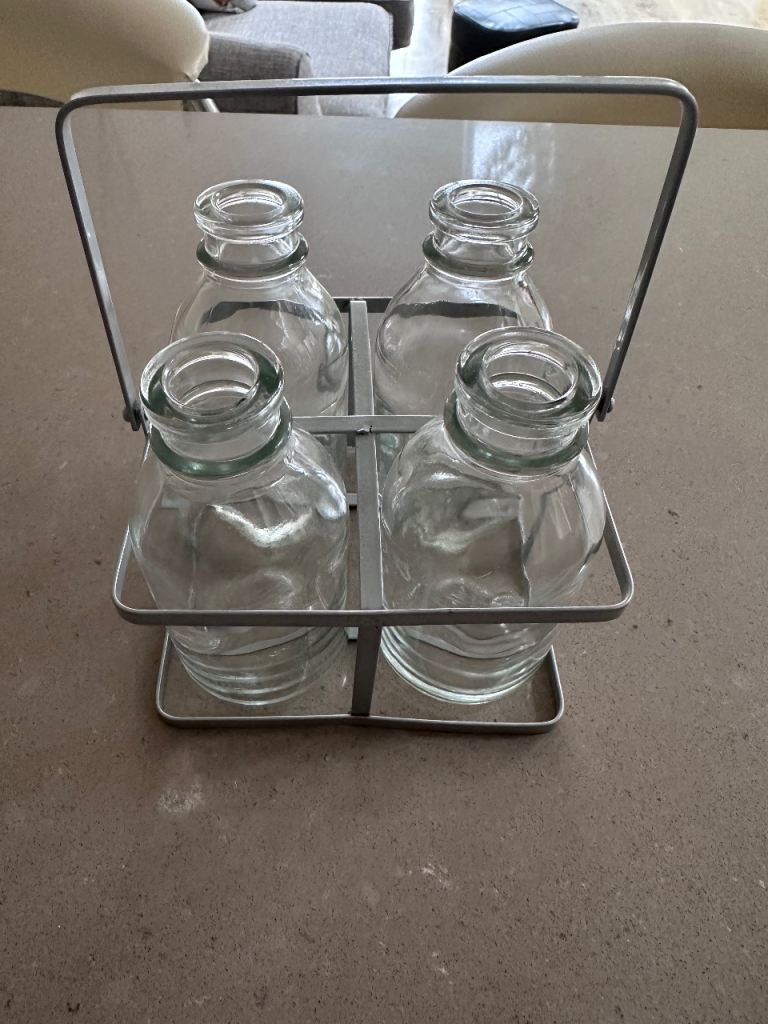 4 x mini milk bottles with carry handle 