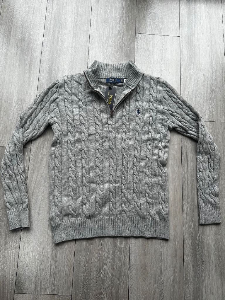 ralph lauren grey quarter zip cable knit jumper