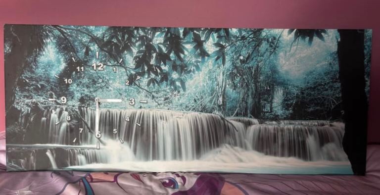 Waterfall Canvas Wall Clock – Blue, Good Condition