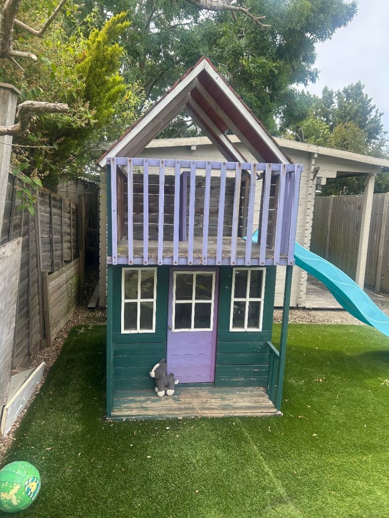 Large Wooden Children's Playhouse with Upstairs Balcony & Slide