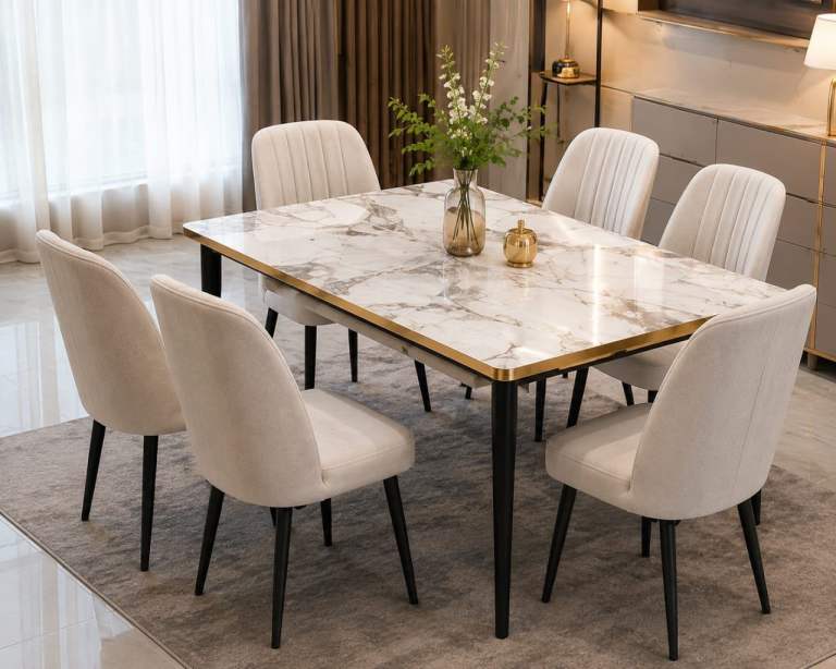 Modern Marble Effect Dining Table and 6 Cream Chairs – Like New